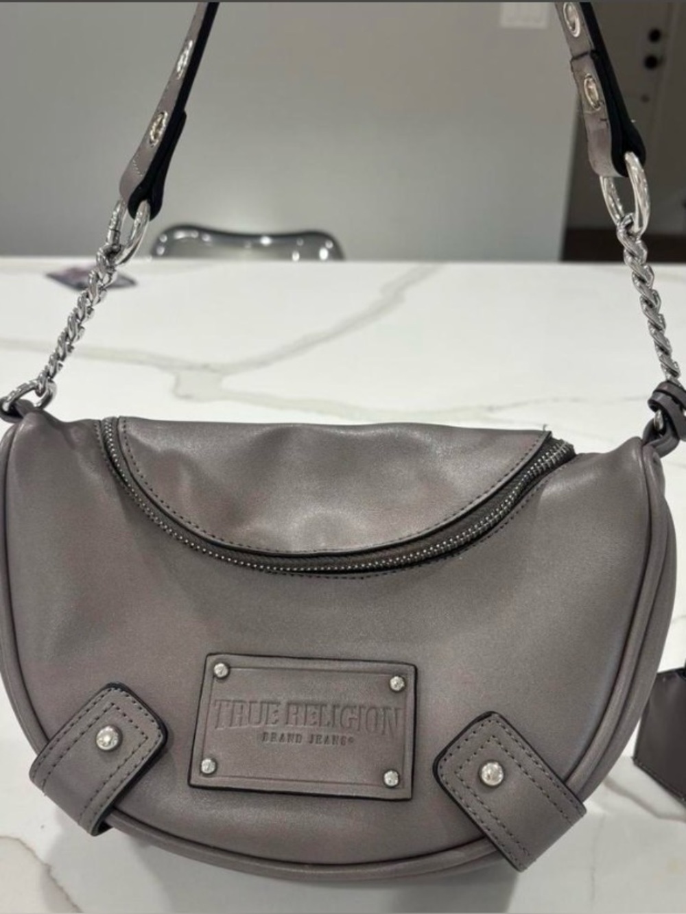 True Religion Taupe Crescent Shoulder Bag with Chain Strap